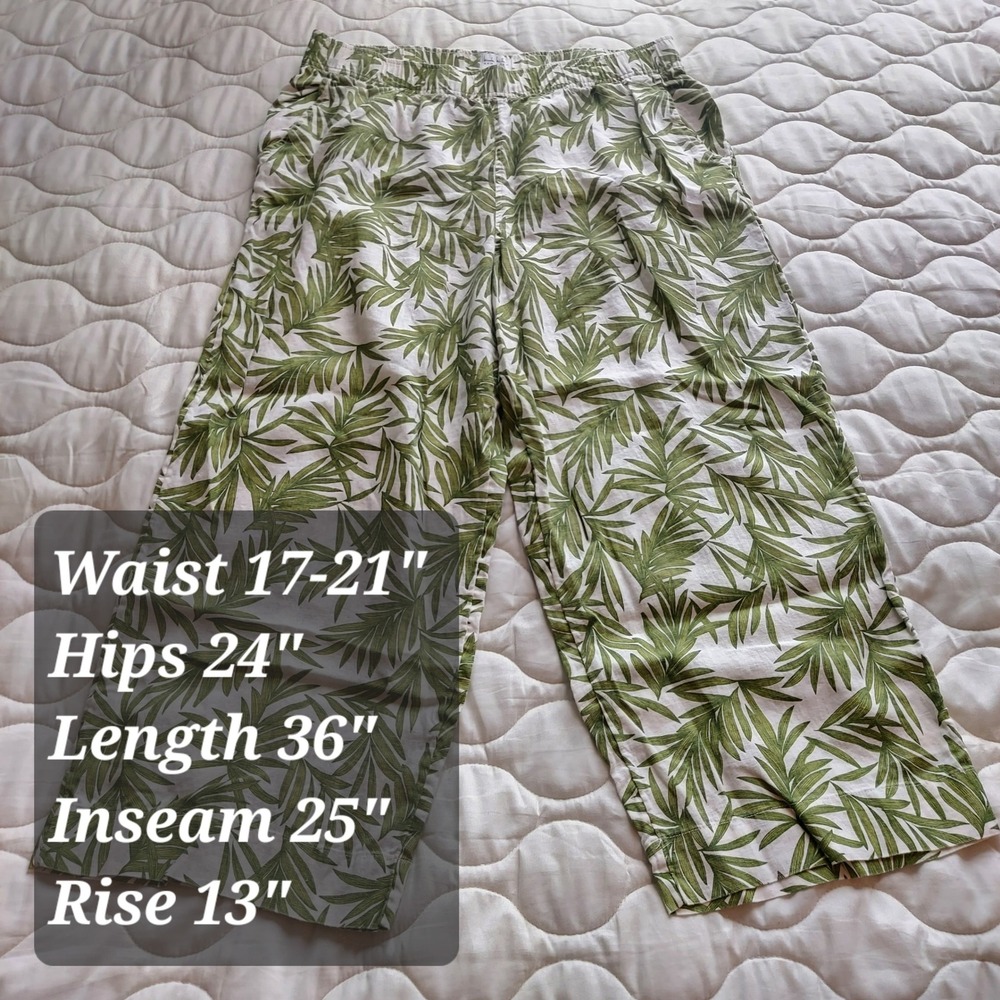 Nicole Miller New York Green Tropical Palm Leaf 100% Linen Wide Leg Pants XL